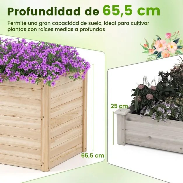 Floreira de madeira elevada com base aberta para plantas de raiz profunda Frutos Flores 100 x 64 x 65,5 cm Natural