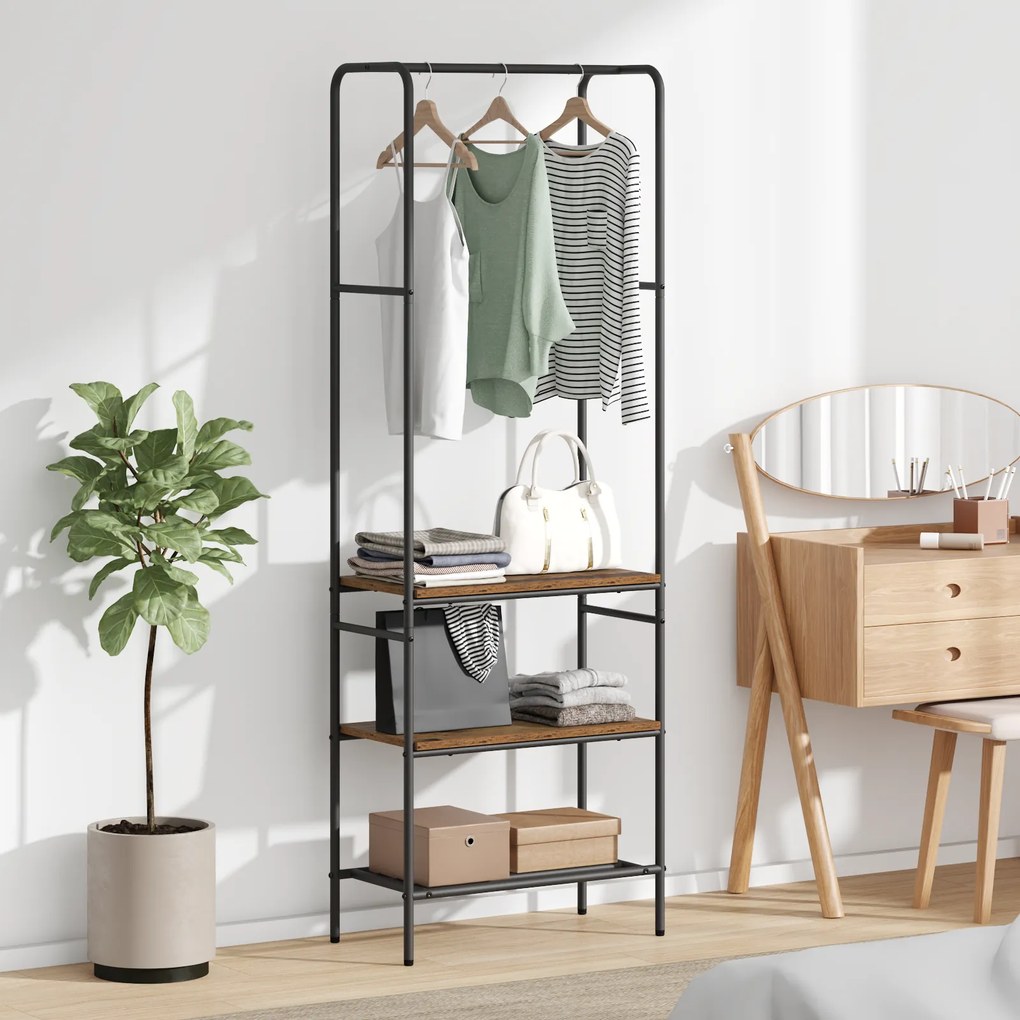 vidaXL Suporte para Roupas com Prateleiras Madeira antiga