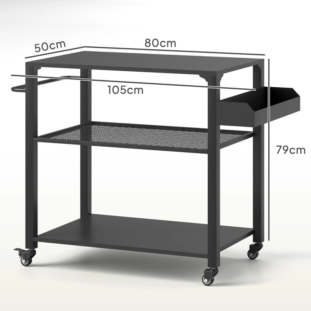 Carrinho de Apoio para churrasqueiras de 3 Níveis com 4 Rodas Prateleiras Mesa de Apoio para Forno de Pizza 105x50x79 cm Preto