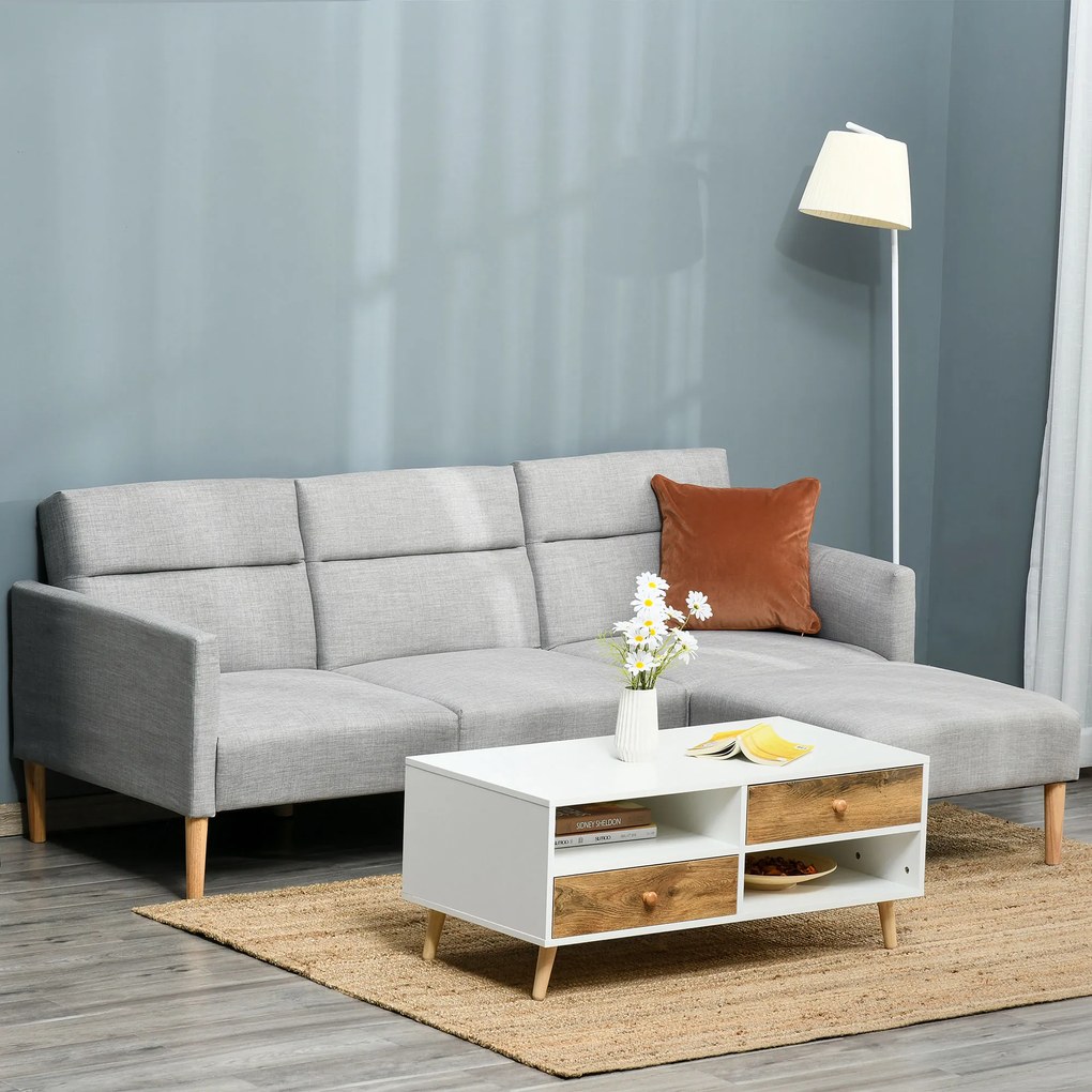 HOMCOM Sofá Cama com Chaise Longue de 3 Lugares com Encosto Ajustável Apoio para os Braços e Apoio para os Pés Móvel 207x81x80cm Cinza Claro