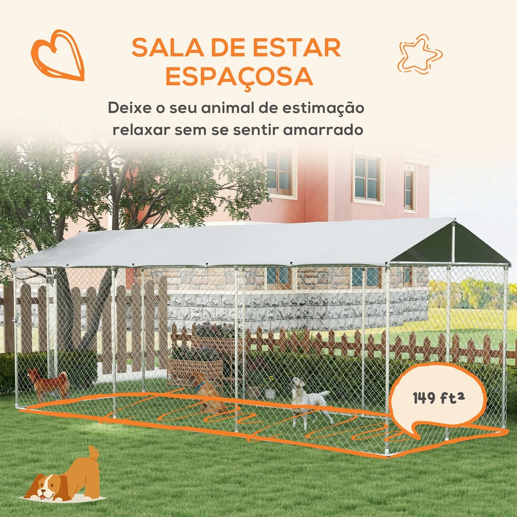 Canil de Exterior para Cães Parque para Cães com 1 Porta Estrutura de Aço Toldo Impermeável e Anti-UV 600x230x230 cm Prateado