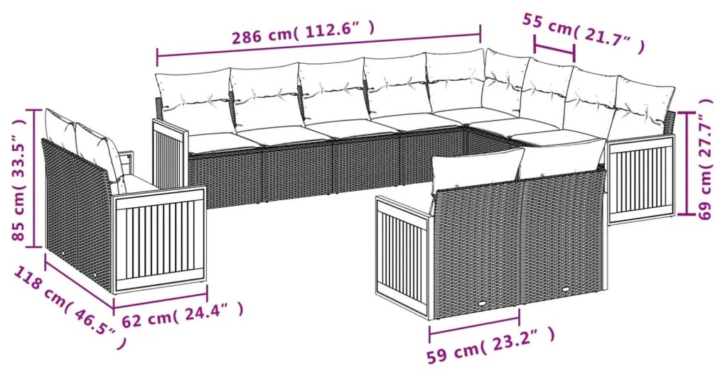 12 pcs conjunto de sofás p/ jardim com almofadões vime PE bege