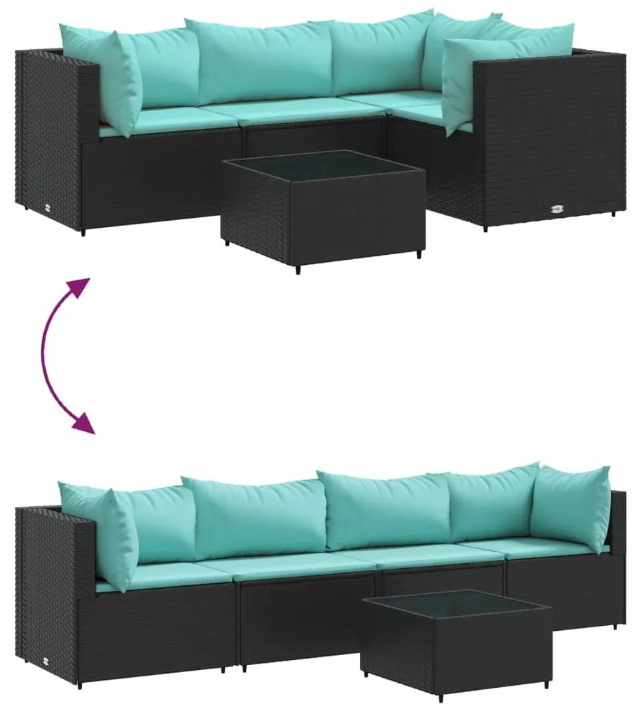 5 pcs conjunto lounge de jardim c/ almofadões vime PE preto