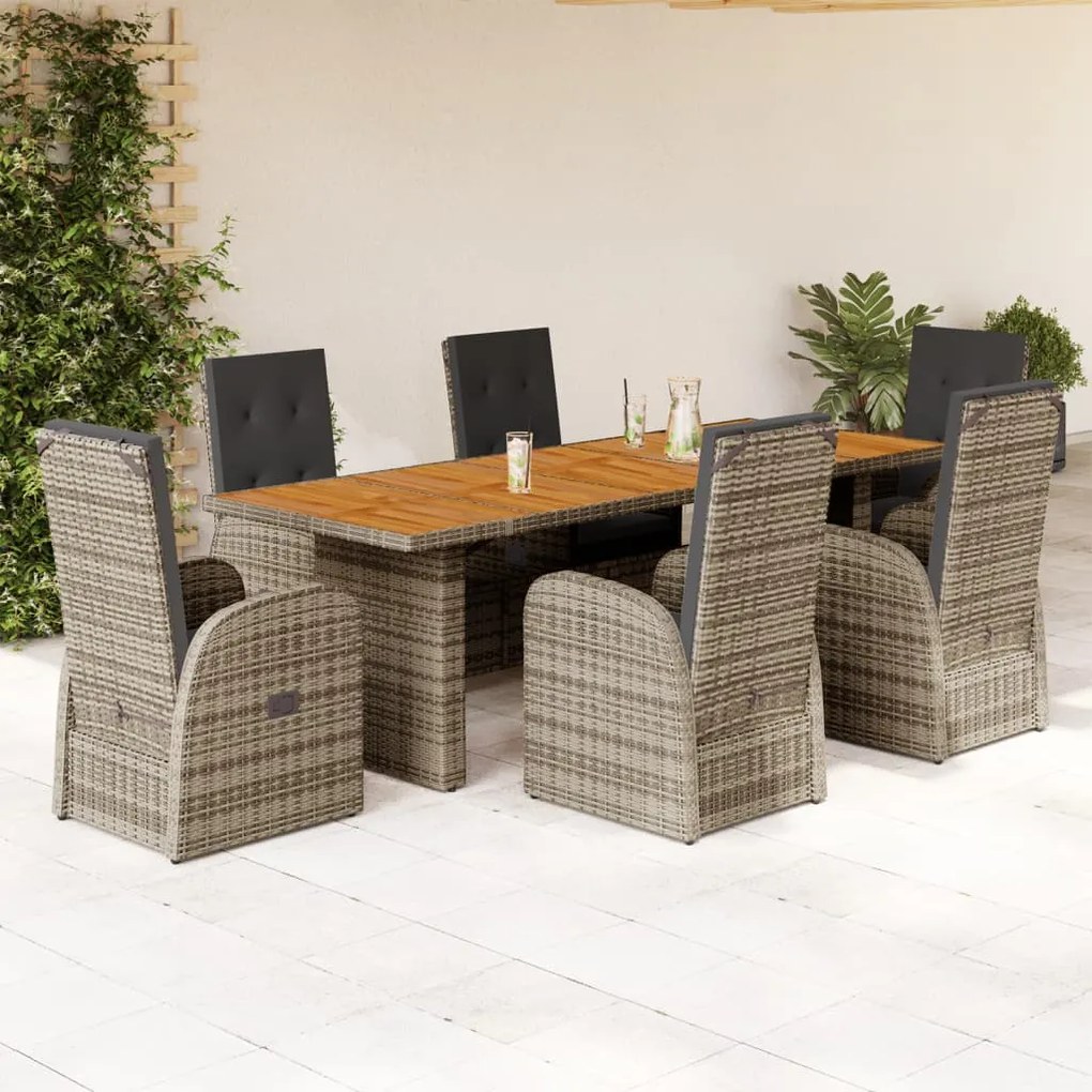 vidaXL 7 pcs conjunto de jantar p/ jardim c/ almofadões vime PE cinza