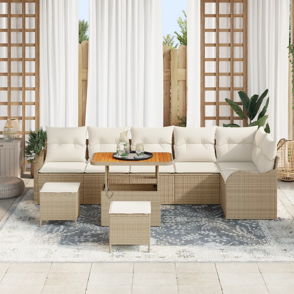 Conjunto de Sofá de Jardim de 9 Peças com Almofadas Bege Polirattan Ac