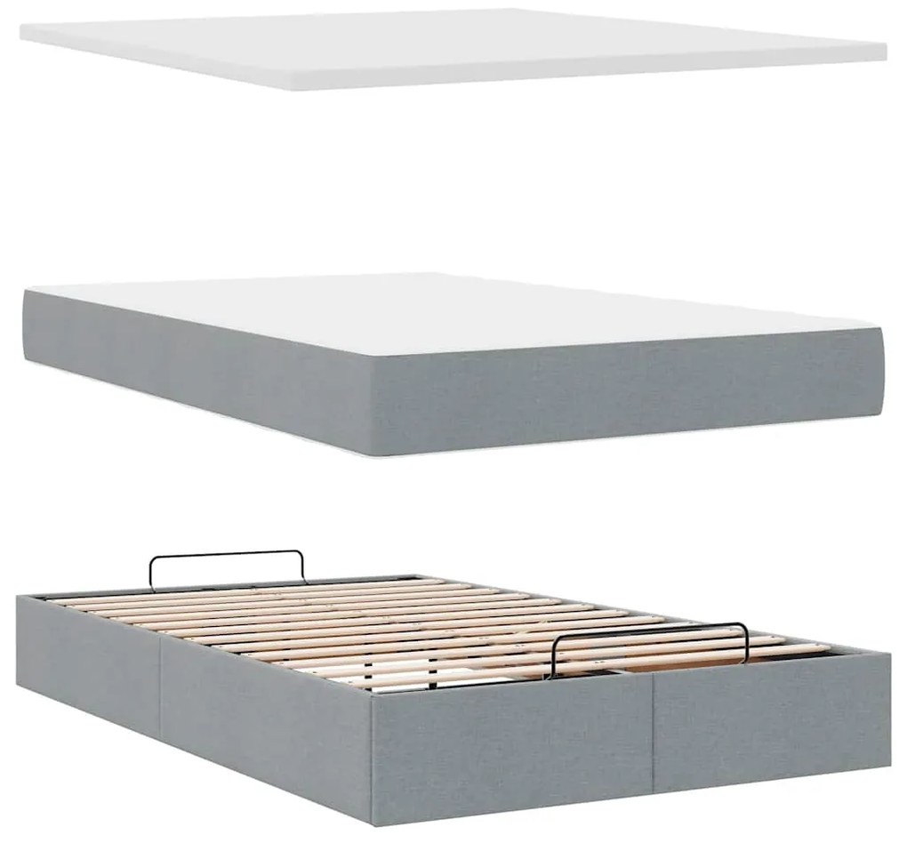 Estrutura de cama otomana com colchão cinza claro tecido
