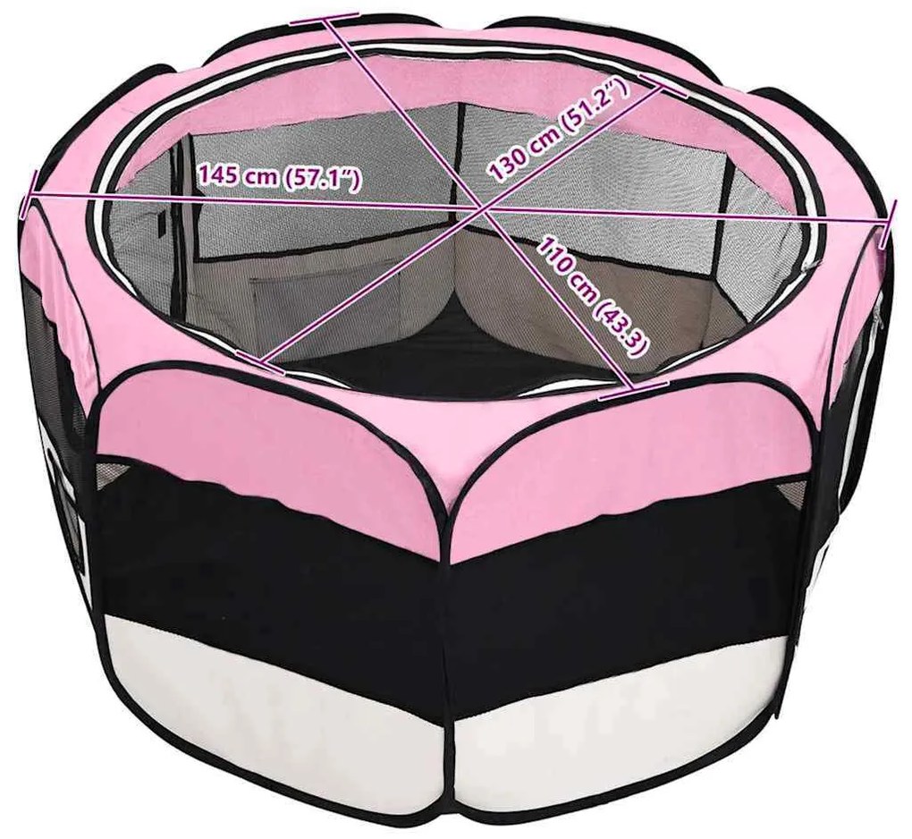 Parque dobrável p/ cão c/ saco de transporte 145x145x61cm rosa