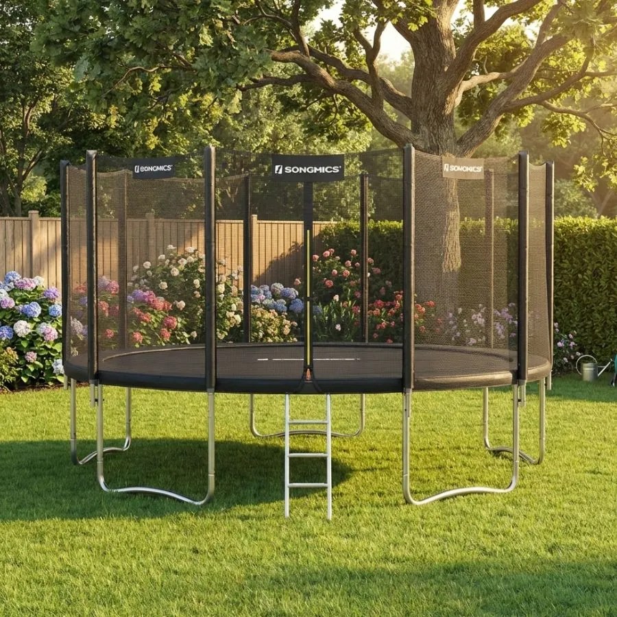 Trampolim de 427 cm com rede de segurança e varas retas, preto