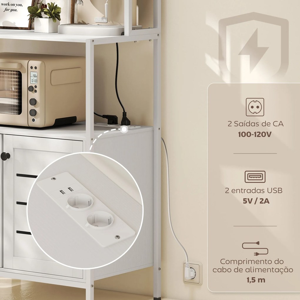 Armário de Cozinha com Tomada de Corrente Suporte para Micro-Ondas 2 Entradas USB e Compartimentos 80x42x171 cm Branco