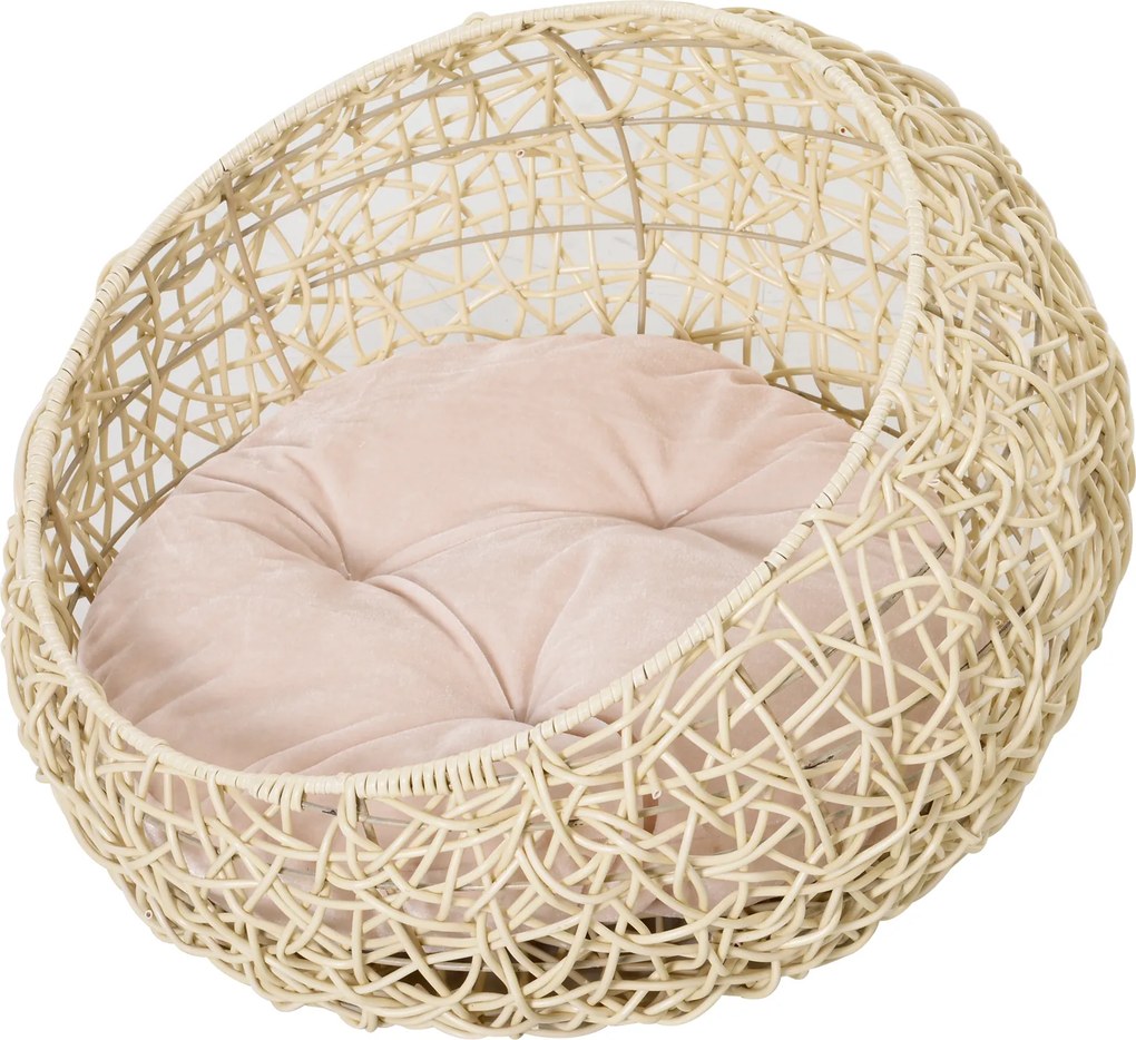 PawHut Toca de Rattan para Gatos – Cama/Casa com Almofada, Tenda para Animais de Estimação para Gatos e Cães, Bege Ø56 x 35 cm | Aosom Portugal