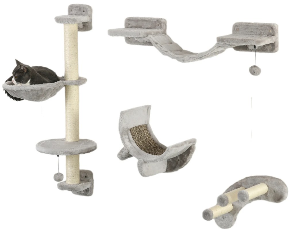 PawHut Conjunto de Prateleiras para Gatos de 4 Peças com Rede Postes de Arranhar Escada e Plataformas Cinzento