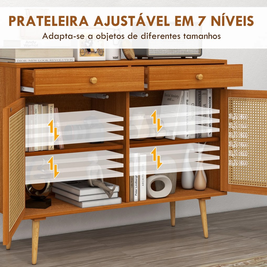 Aparador de Madeira com 2 Gavetas Prateleiras Ajustáveis e 2 Portas de Vime Armário de Armazenamento Estilo Cannage 100x35x78,5 cm Castanho