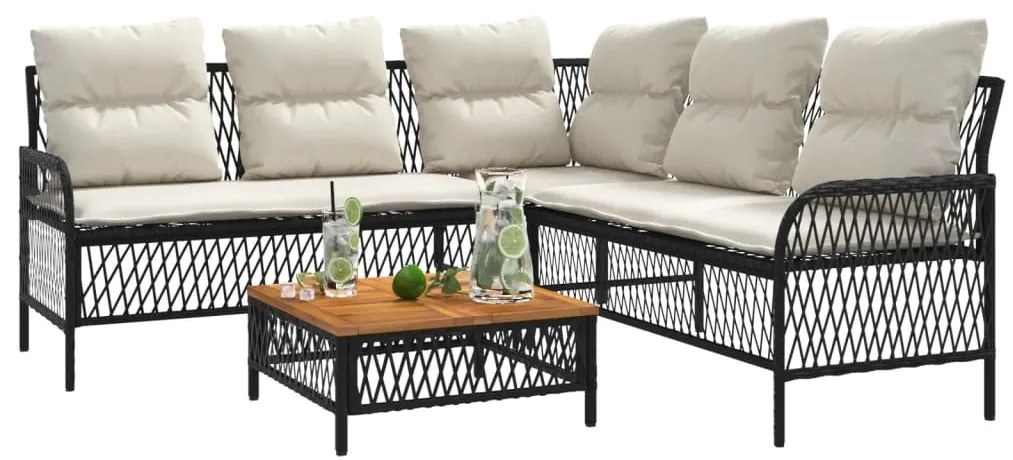 2 pcs conjunto sofás de jardim com almofadões vime PE preto