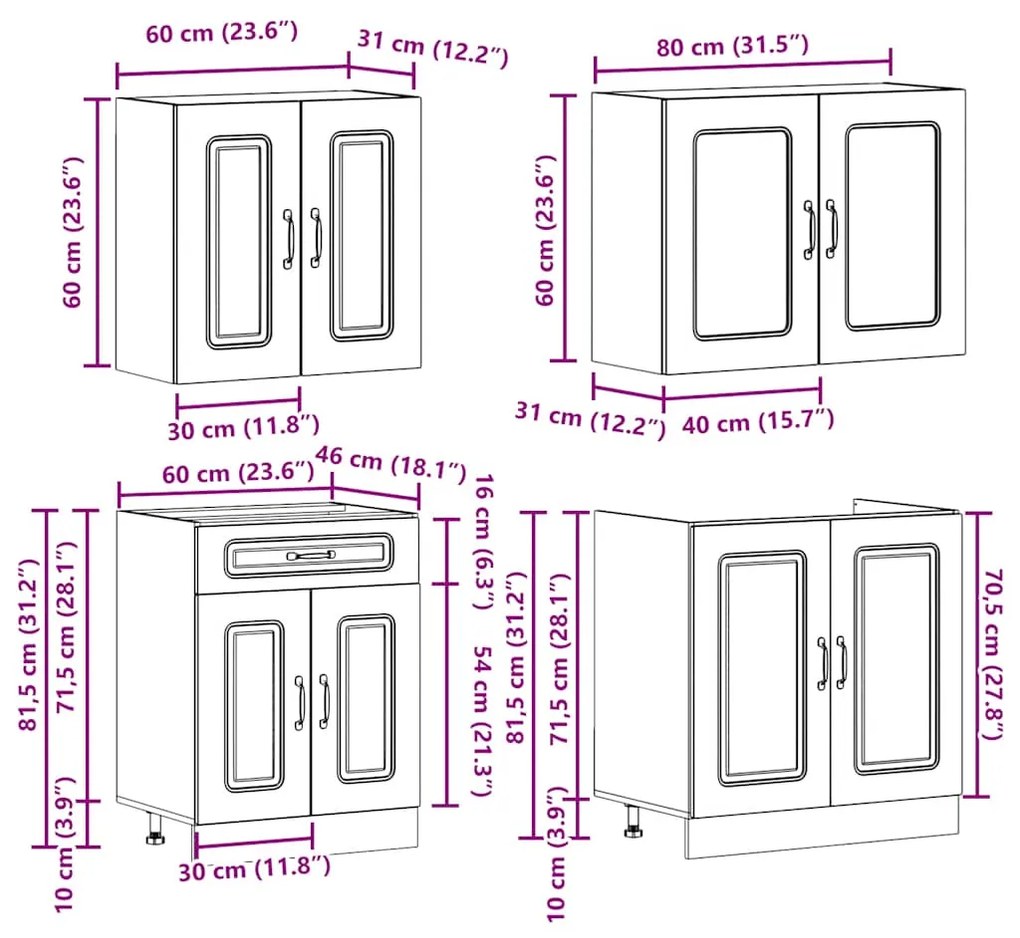 4 peças armário de cozinha conjunto Kalmar madeira velha