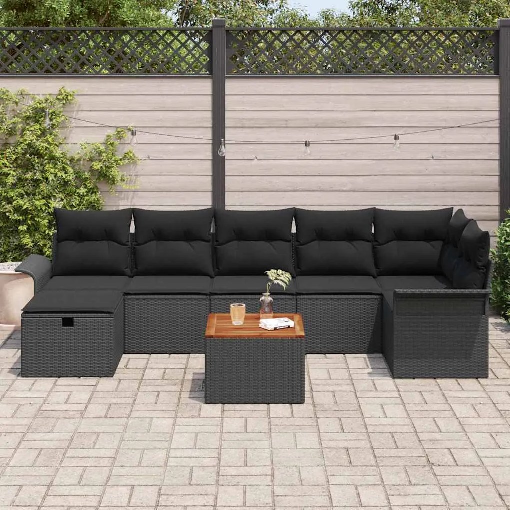 Conjunto de sofá de jardim de 8 peças da com almofadas, vime preto.