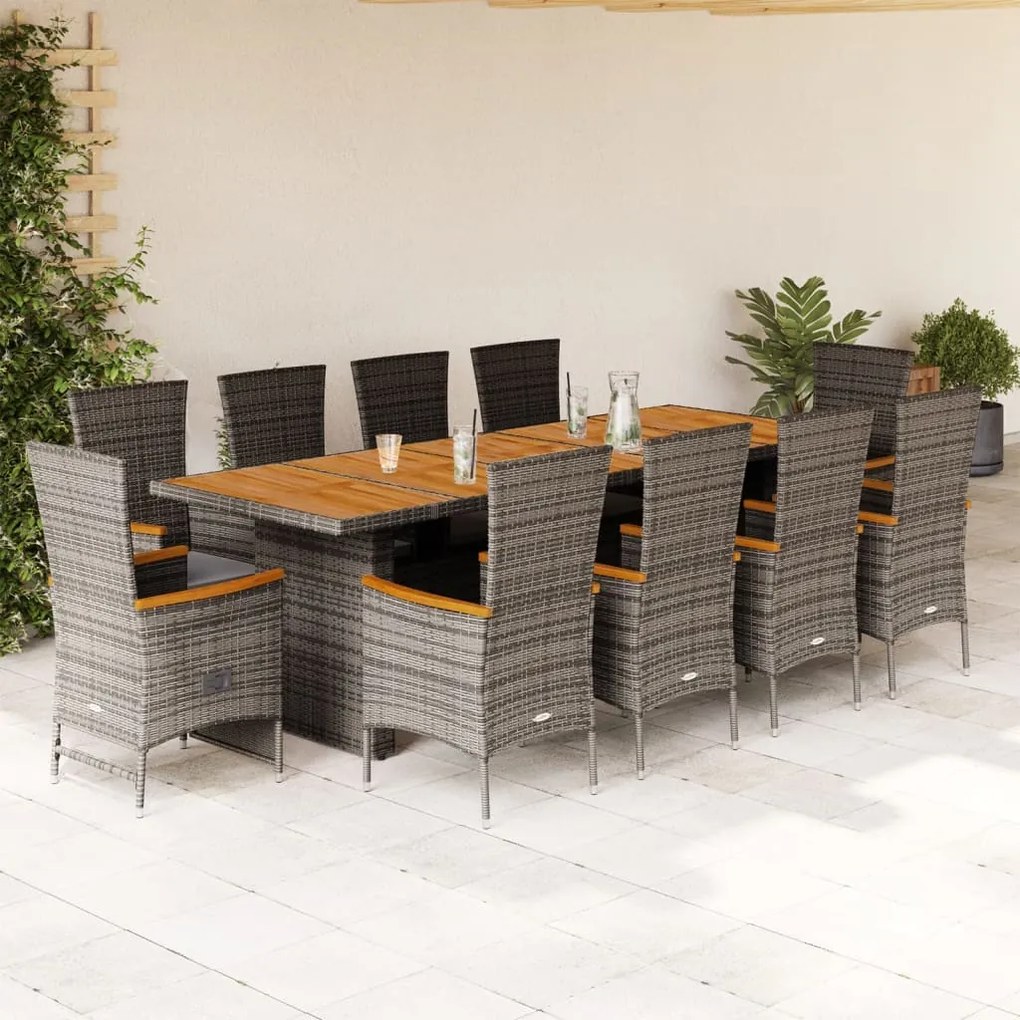 vidaXL 11 pcs conjunto jantar p/ jardim c/ almofadões vime PE cinzento