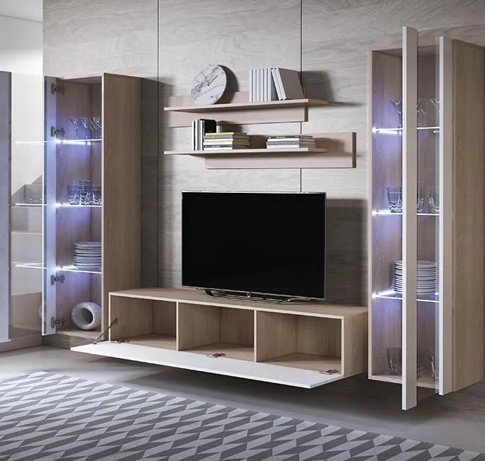 Conjunto de Móveis de Sala Melres – 2,6 m – Modular em Sonoma e Branco