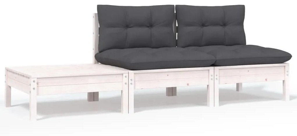 vidaXL 3 pcs conjunto lounge jardim c/ almofadões pinho maciço branco