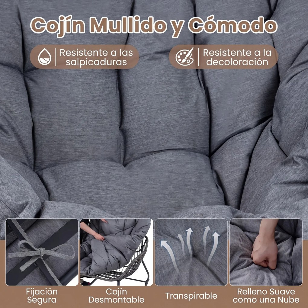 Cadeira de baloiço com apoio para os pés em rattan PE, almofadas removíveis, Estrutura metálica antiderrapante, capacidade de carga de 150 kg, para sa