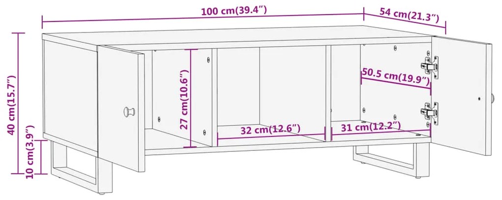 Mesa de centro 100x54x40 cm mangueira maciça castanho e preto