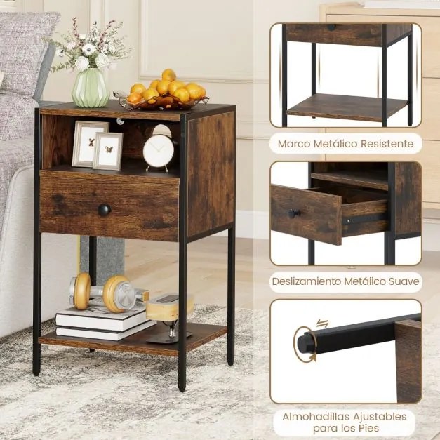 Mesa de cabeceira, mesa apoio 40 x 32 x 65 cm com estação de carregamento com Compartimento aberto Gaveta castanho rustica e preta