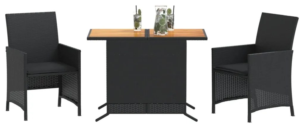3 pcs conjunto de bistrô com almofadões vime PE preto