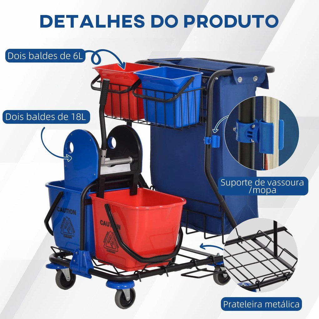 Carro de Limpeza Profissional com Balde Duplo Removível de 18 Litros E