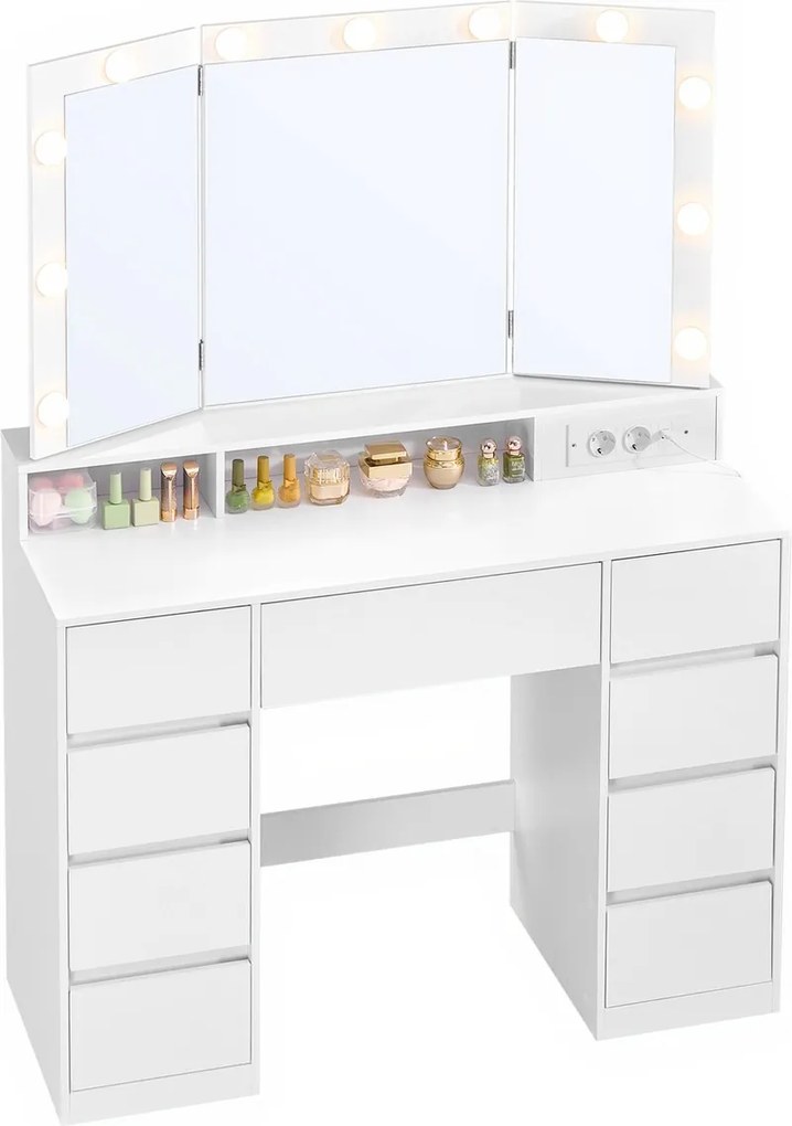 Toucador com iluminação LED 40 x 107 x 144 cm com espelho rebatível e gavetas branco