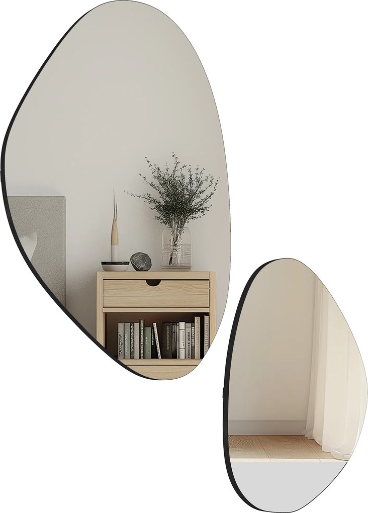Conjunto de 2 espelhos de parede, espelhos decorativos de forma irregular semelhante a seixos, moldura em metal, 70 x 46 cm/49,5 x 31 cm, preto