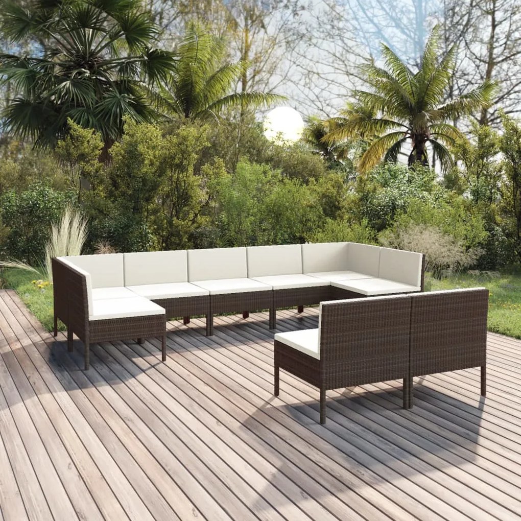 vidaXL 9 pcs conjunto lounge jardim c/ almofadões vime PE castanho