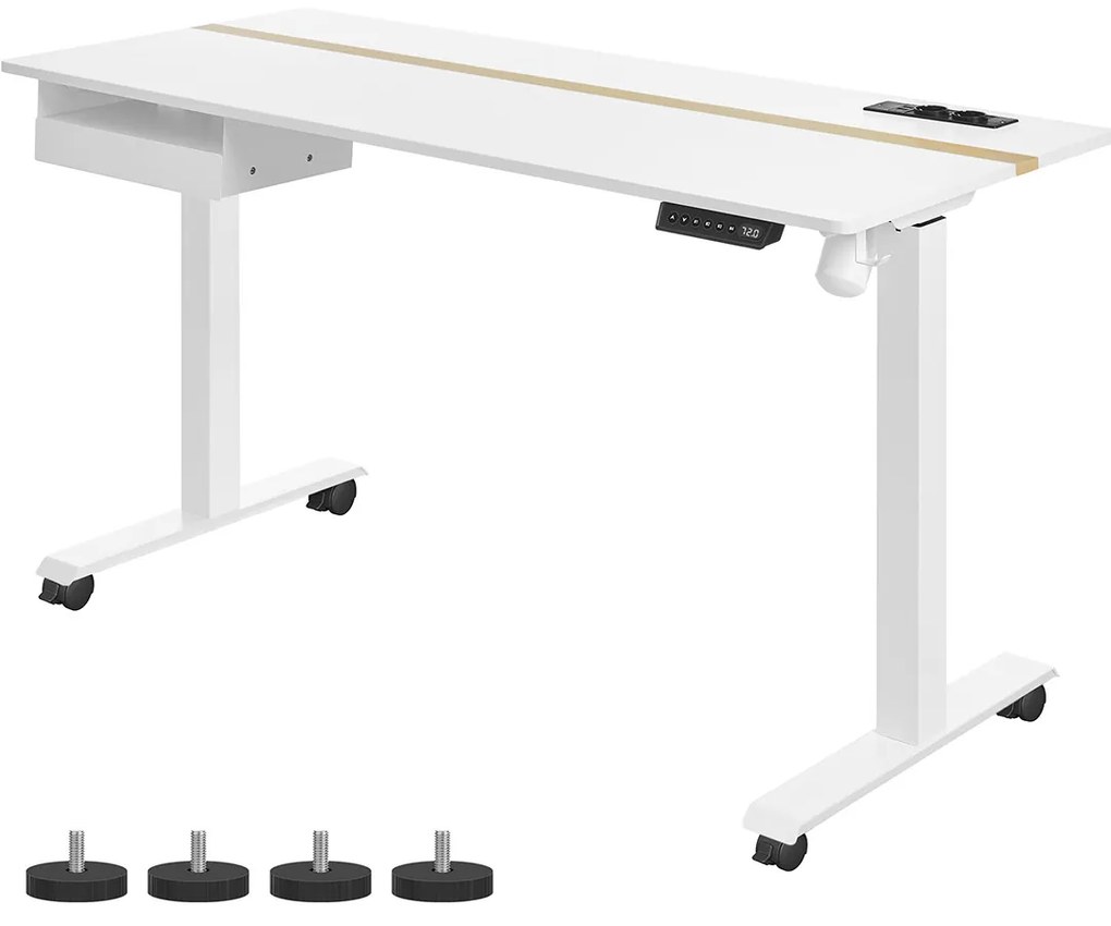 Mesa elétrica ajustável em altura VASAGLE com tomada e gaveta, 60 x 140 cm, superfície da mesa continuamente ajustável com função de memória e 4 alturas, branca LSD114W01