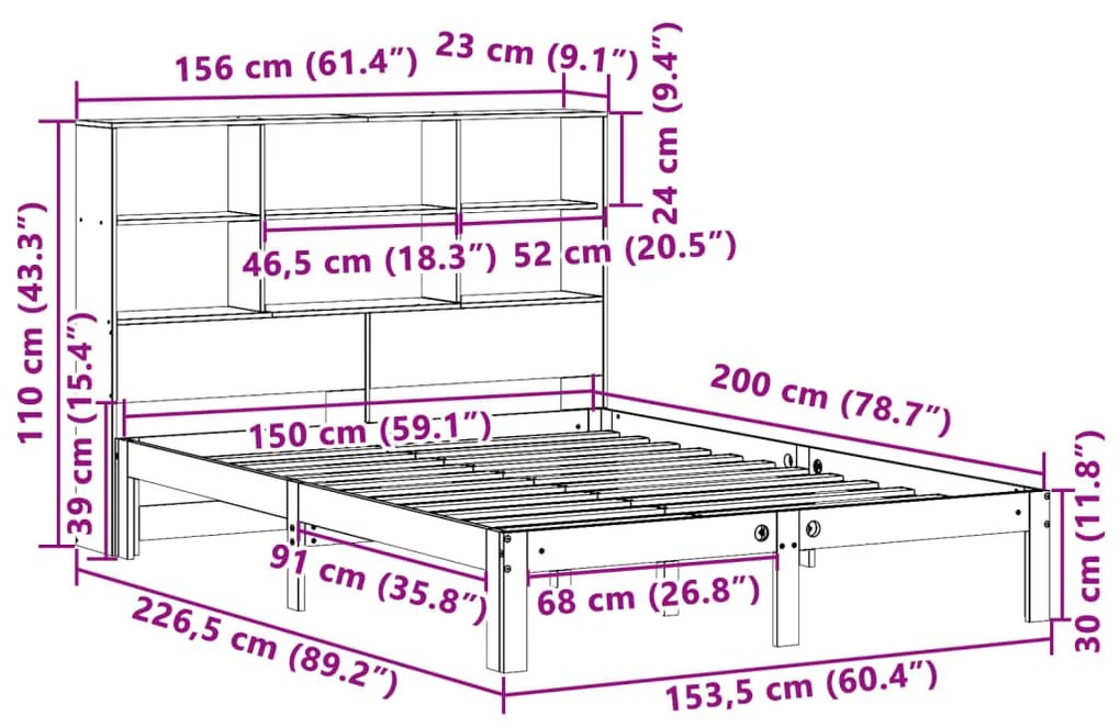 Cama com estante sem colchão 150x200 cm pinho maciço branco