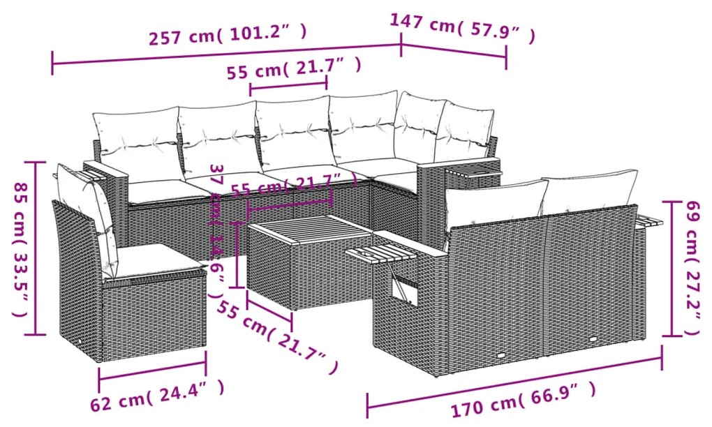 9 pcs conjunto de sofás p/ jardim c/ almofadões vime PE preto
