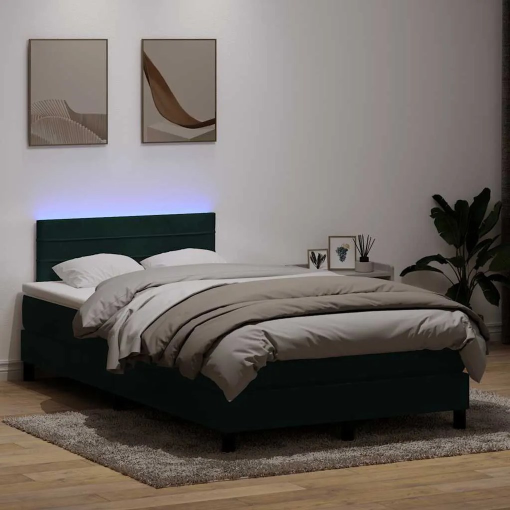 vidaXL Cama box spring c/ colchão e LED 120x210 cm veludo verde-escuro