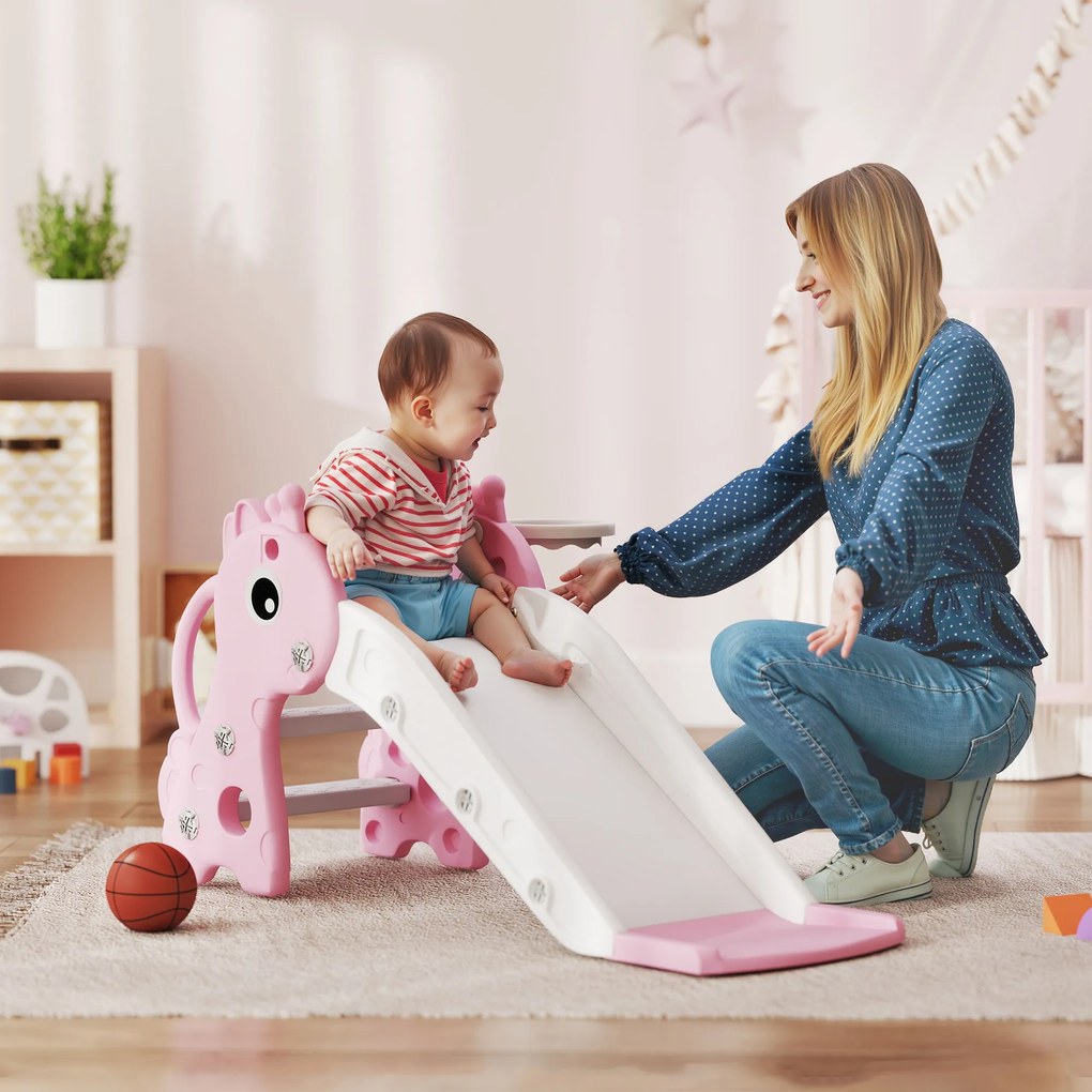 Escorrega infantil 3 em 1 em forma de girafa com cesto de basquetebol, trepa-trepa e bola, 106 x 51,5 x 52 cm, rosa