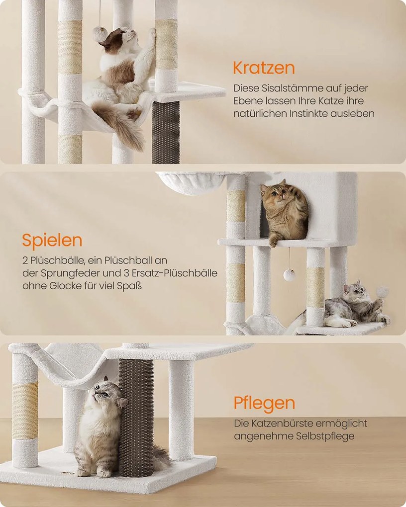 Arranhador para gatos com 175 cm de altura, 2 cavernas e 2 cavidades para descansar, branco creme
