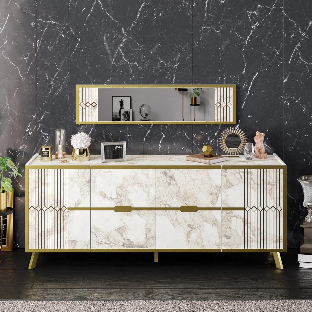Aparador ELOISE, bilaminado mármore branco com detalhes dourados, 180 cms