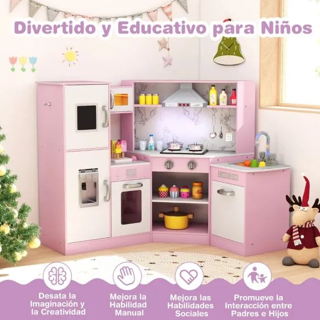 Cozinha de canto brincar em madeira 100 cm x 50 cm x 81 cm com lavatório separado Sons e luzes divertidos para crianças com mais de 3 anos Rosa