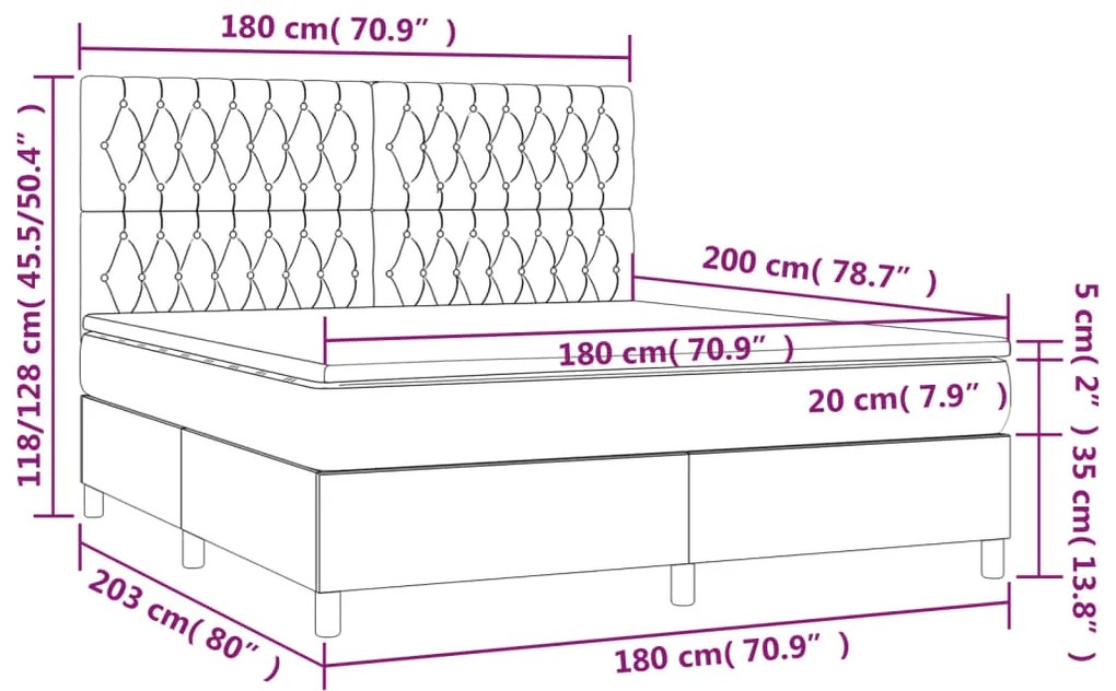 Cama box spring c/ colchão/LED 180x200 cm veludo cinzento-claro