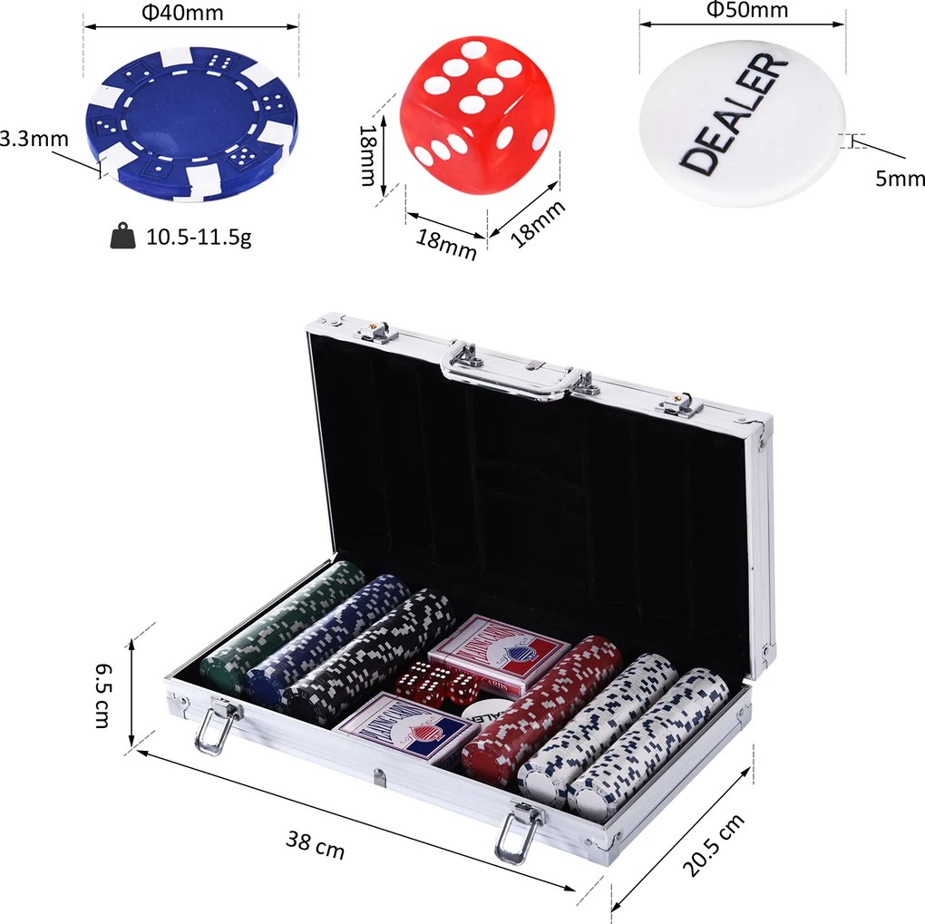Mala de Poker Profissional com 300 Fichas Jogo de Poker com Mala de Alumínio 5 Dados 2 Baralhos de Cartas e 1 Ficha de Dealer 38x20,5x6,5cm Multicor