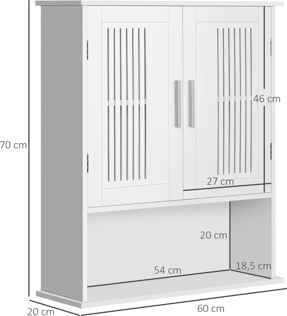 Armário de Parede Casa de Banho com Armazenamento 2 Portas em Ripas Prateleira Ajustável e Compartimento 60x20x70 cm Branco