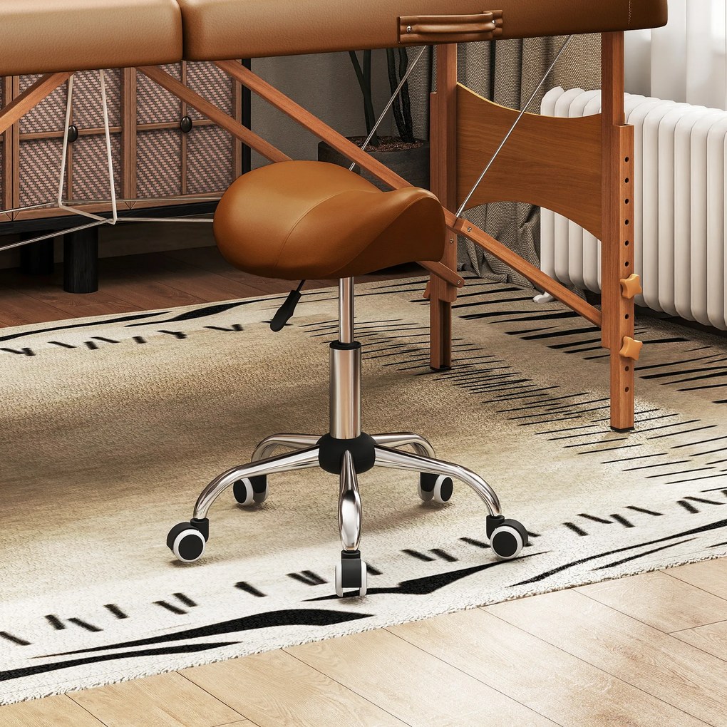 Banco com rodas, cadeira de trabalho com altura regulável entre 49 e 61 cm e assento ergonómico, 52 x 53 x 49–61 cm, castanho