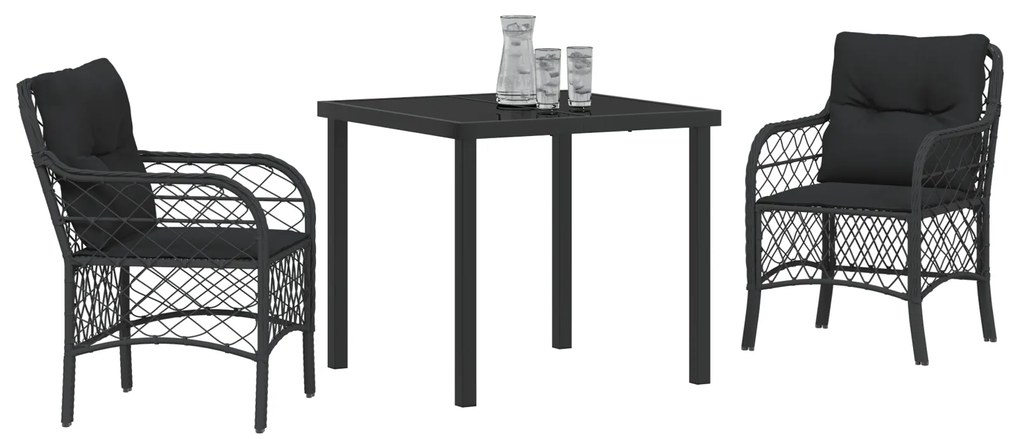 Conjunto de Jantar de Jardim 3 Peças com Almofadas Preto Rattan Poliés