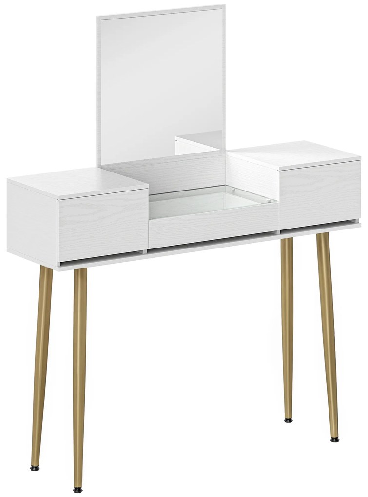 Toucador de Maquilhagem com Espelho Bancada de Vidro 3 Gavetas Mesa de Maquilhagem Moderna 105,5x30x130,5 cm Branco