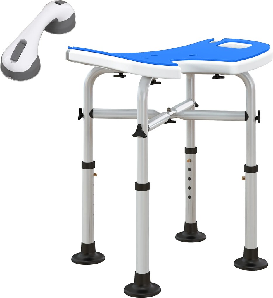 HOMCOM Banco de Duche para Idosos Antiderrapante com Barra de Apoio Altura Regulável e Assento em Forma de U 48,5x33x39-51,5 cm  Azul | Aosom Portugal