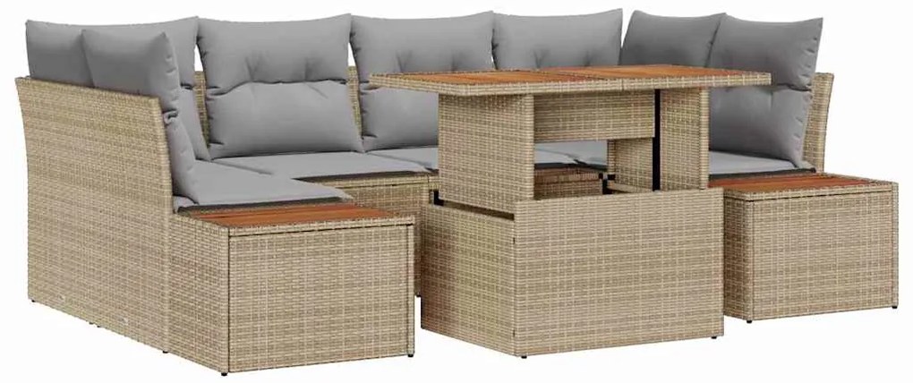 Conjunto de Jantar de Jardim com 7 Peças e Almofadas Bege em Rattan