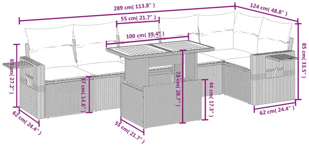 7 pcs conjunto de sofás p/ jardim com almofadões vime PE bege