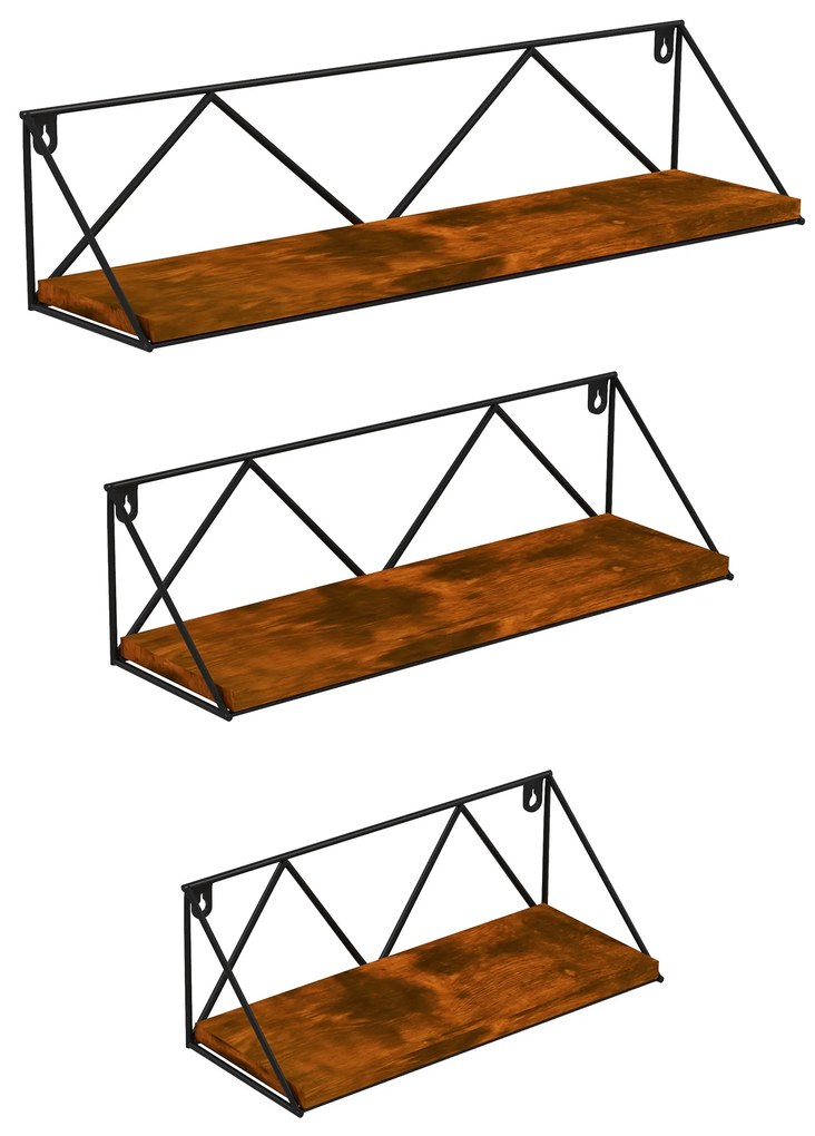 HOMCOM Conjunto Prateleiras Parede Estilo Industrial Suspensas Madeira Preto Funcional Decoração Moderna 30x12x12 40x12x12 50x12x12cm | Aosom Portugal