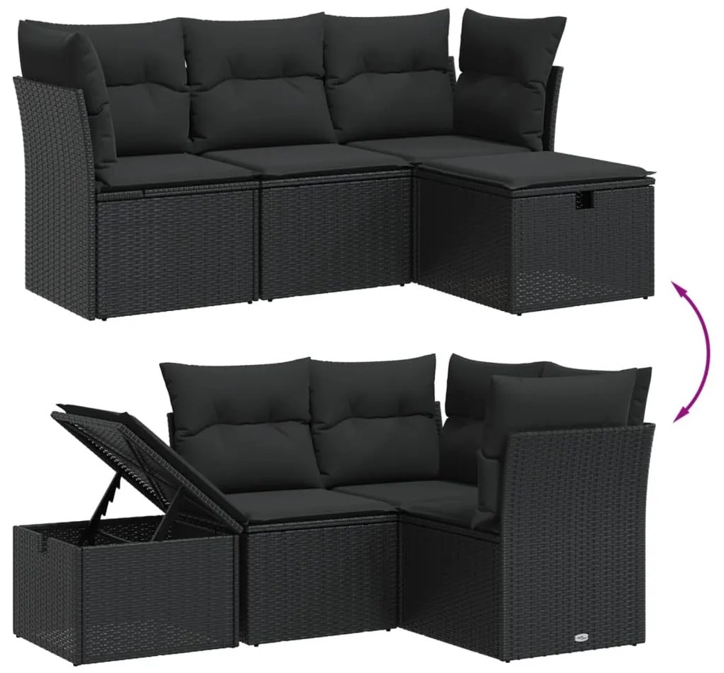 4 pcs conjunto de sofás para jardim c/ almofadões vime PE preto