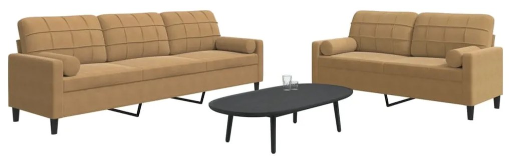 2 pcs conjunto de sofás com almofadões e rolos veludo castanho